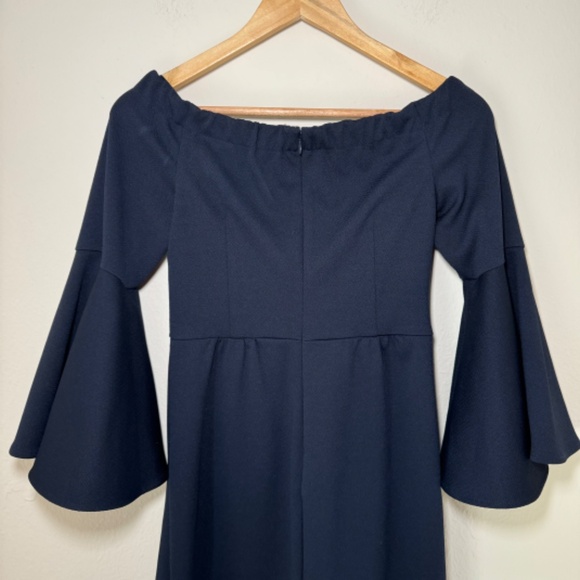 Trina Turk Dress Women's Size 2 Navy Blue Off Shoulder Bell Sleeve Preppy - Picture 8 of 9